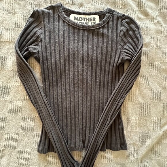 MOTHER Black Ribbed Long-Sleeve Scoop Neck Tee T-Shirt Top - Picture 1 of 5